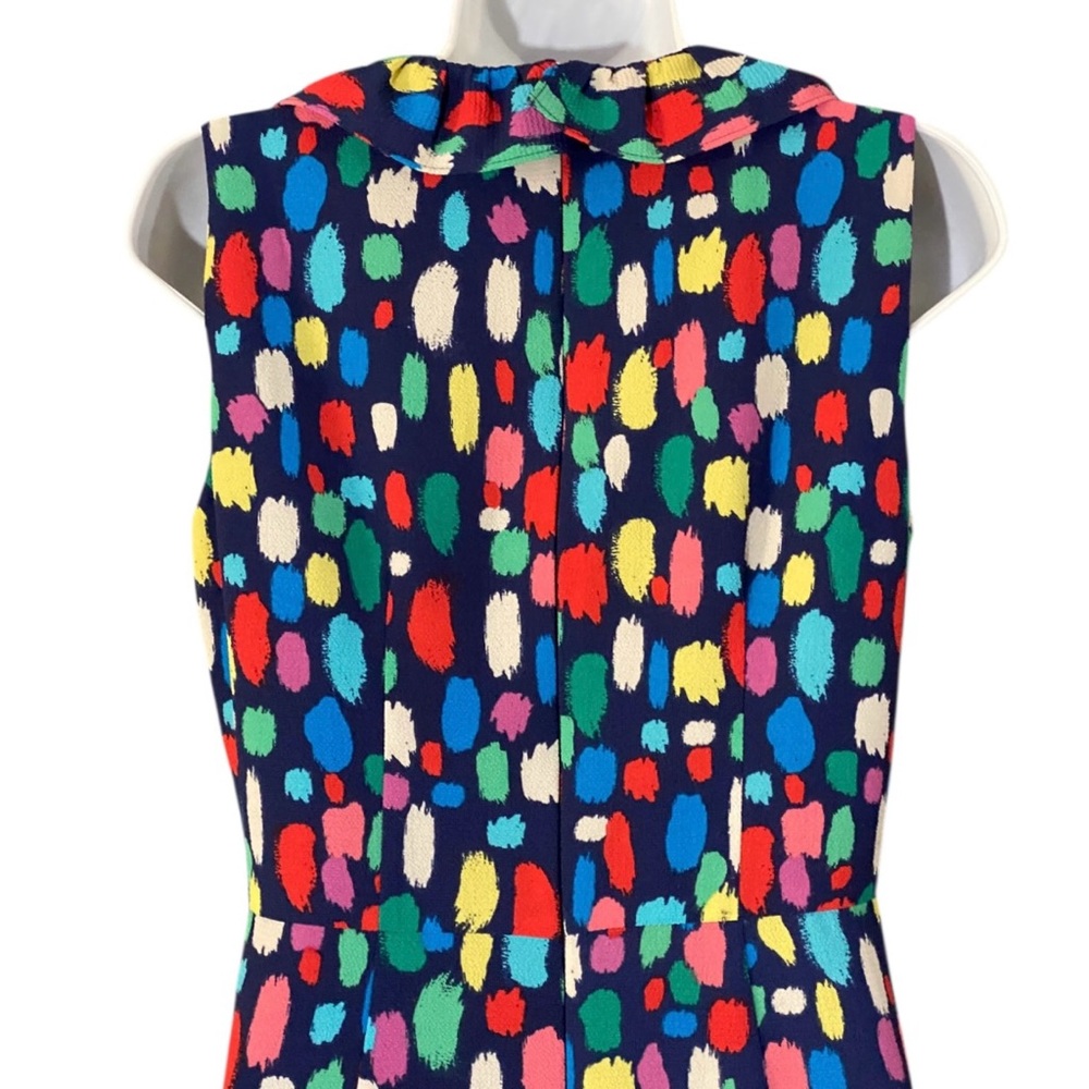 Maggy London Colorful Print Midi Dress 6 Ruched Ruffle V Neck Artsy Cocktail - Picture 11 of 15